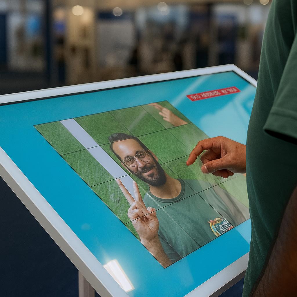Guest solving a scrambled photo puzzle on a touchscreen at an event. Interactive image puzzle game rental for exhibitions, corporate events, and activations in Dubai.